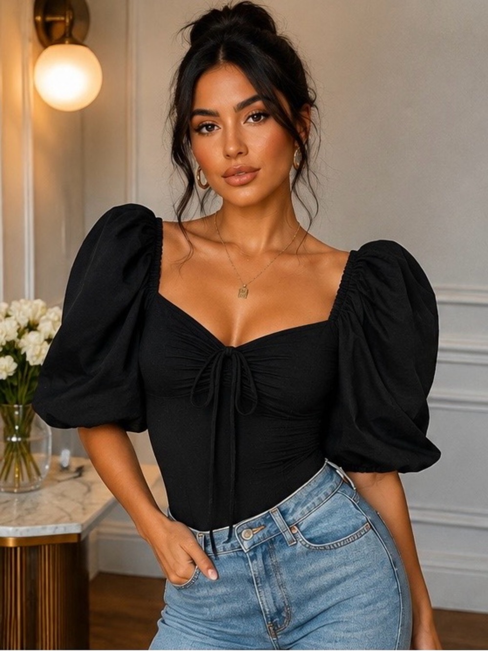 Zara Black Puff Sleeve Ruched Tie Front Bodysuit Size Medium